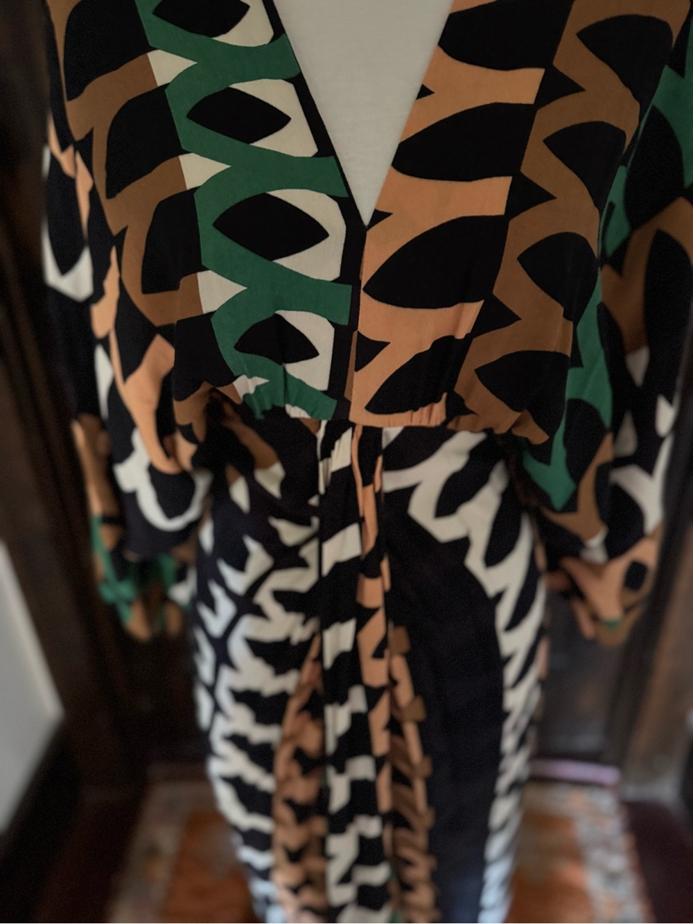 Zara Kimono Dress with Geometric Print in Black, Tan & Green - Picture 5 of 8